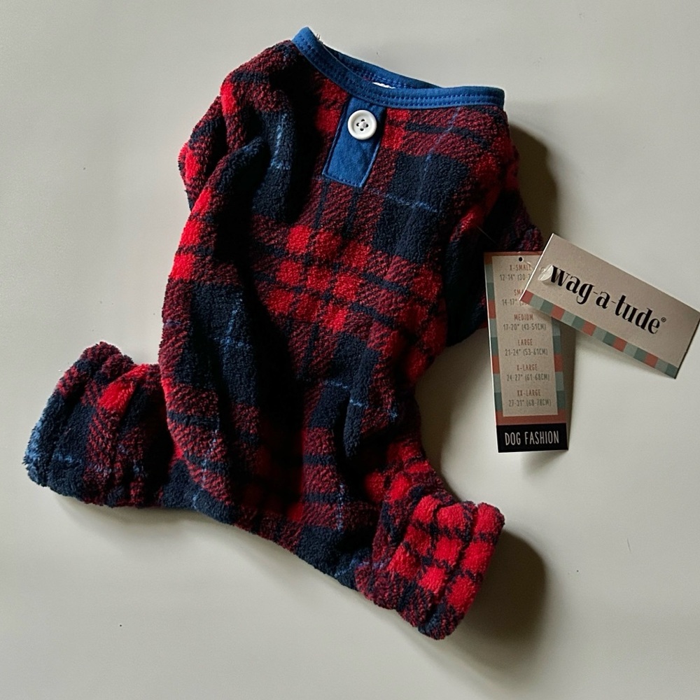 Wag-a-tude Dog Fashion Fleece Plaid Christmas Winter Pajama - Red Blue
